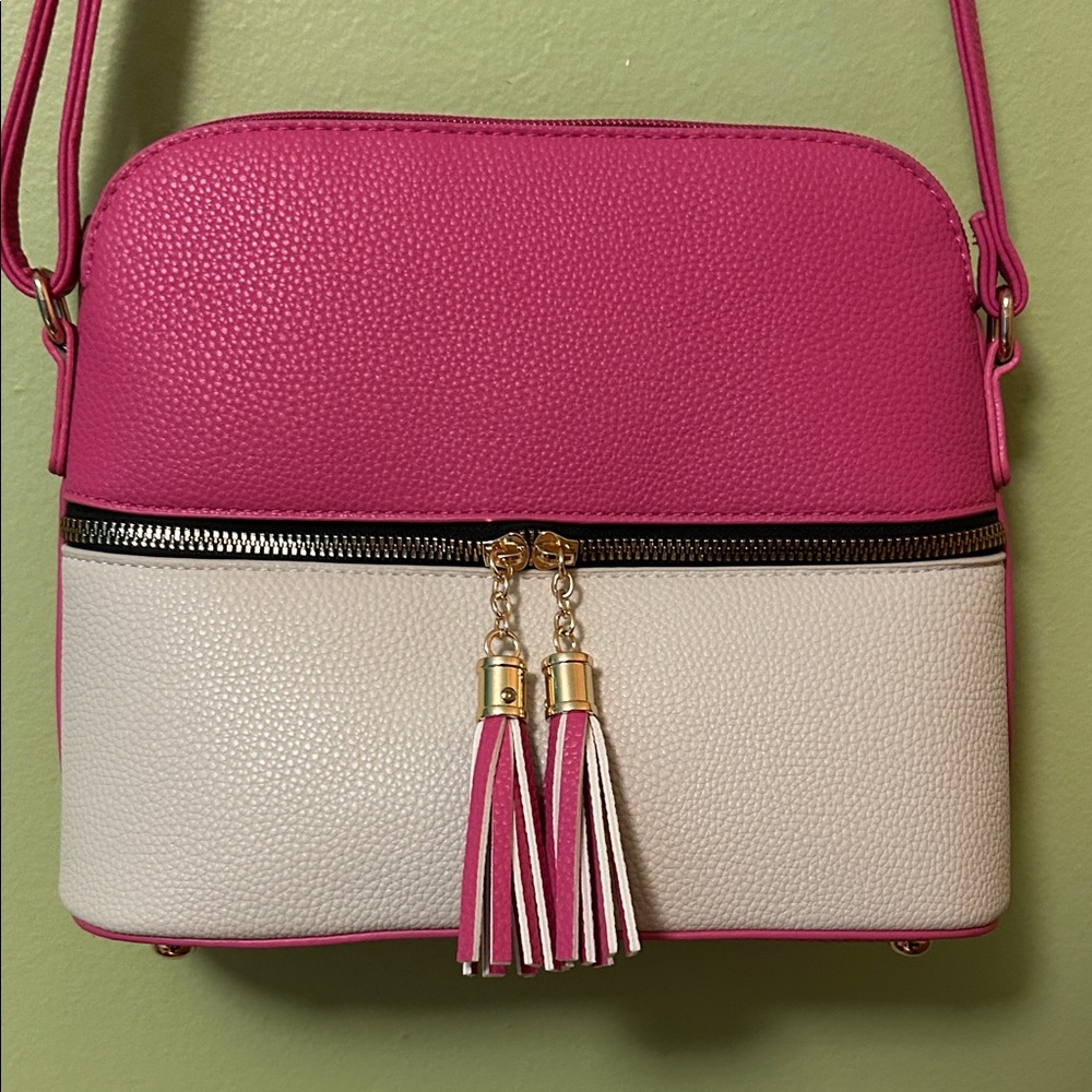 SG SUGU Lunar Lightweight Medium Dome Crossbody Bag with Tassel Fuchsia/ Ivory
